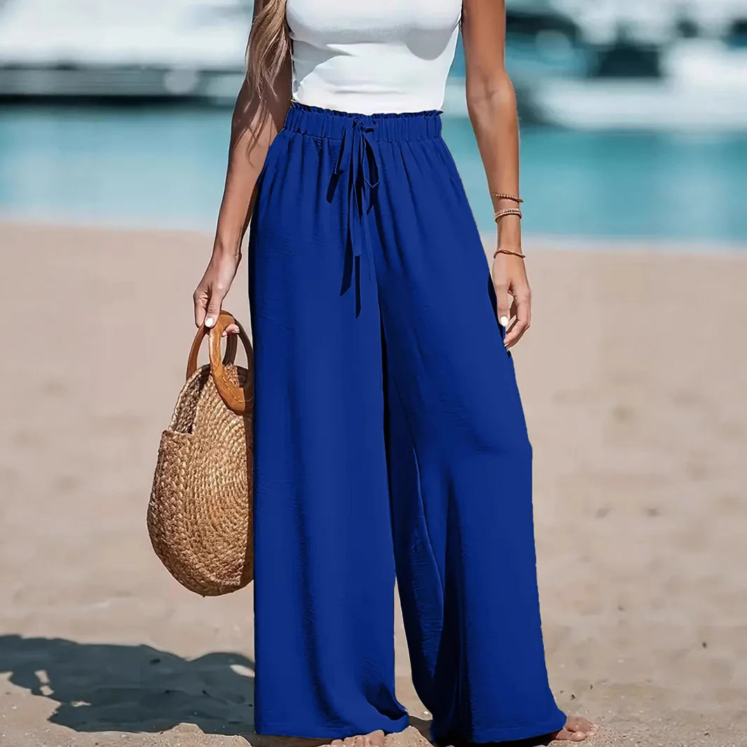 Women's Elastic Waist Drawstring Wide-Leg Pants, Simple & Fashionable, Ideal for Casual Vacation Wear in Spring and Summer