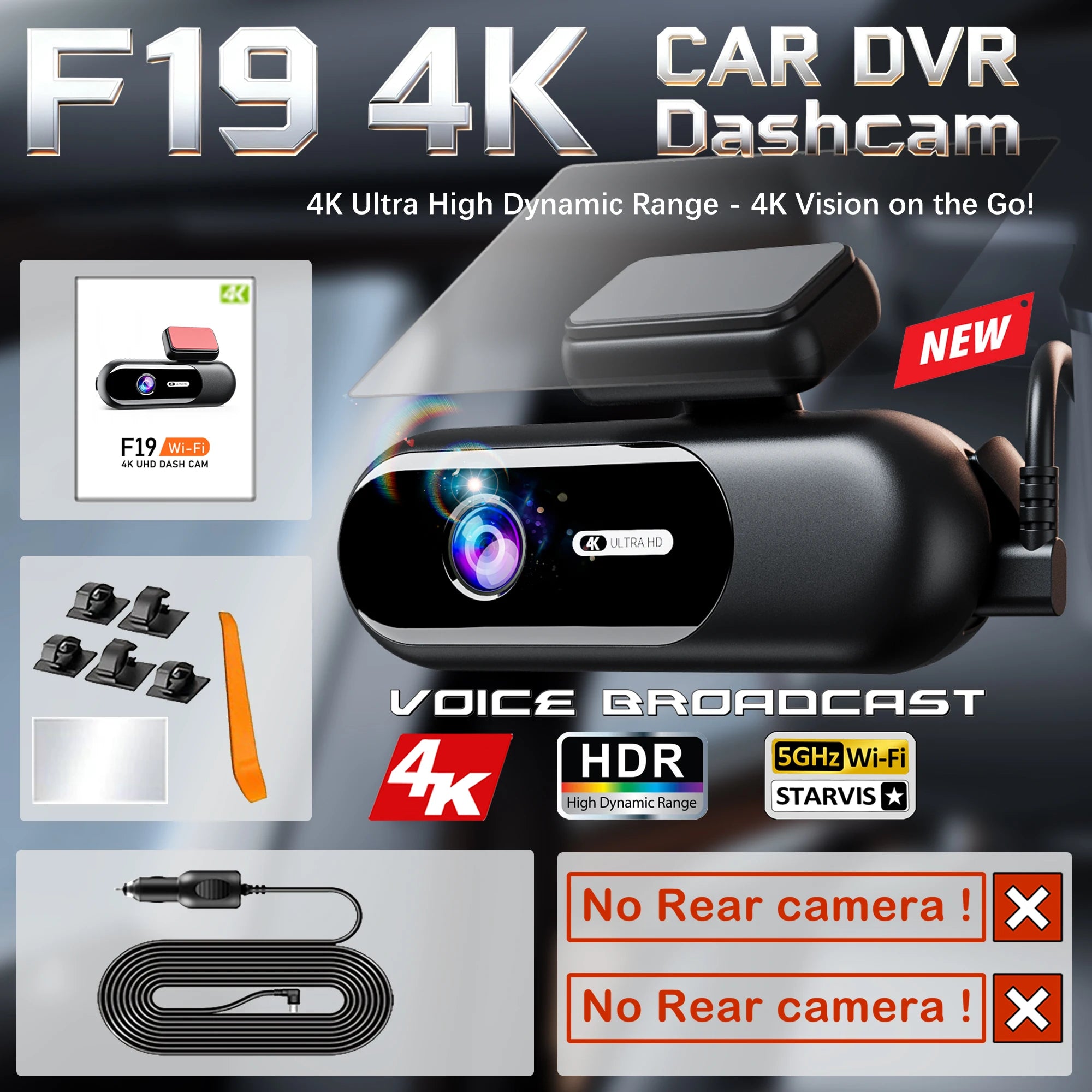 Dash Cam for Cars 4K UHD Recording Front Rear Car Camera HDR Night Vision Recorder Built in Wi-Fi 24H Parking Mode APP Monitor