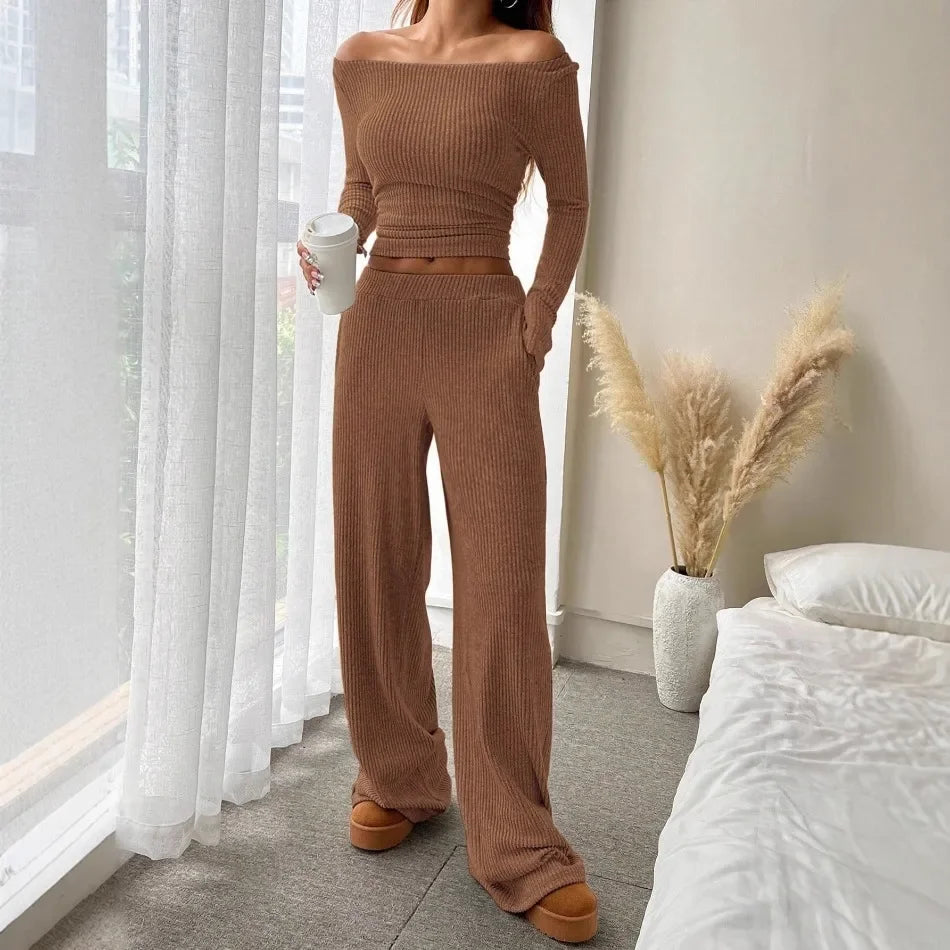 Spring Autumn Woman Knit 2 Pieces Set Elegant Pullover Long Sleeved Casual All-match Slim Homewear 2 Piece Sets Womens Outfits