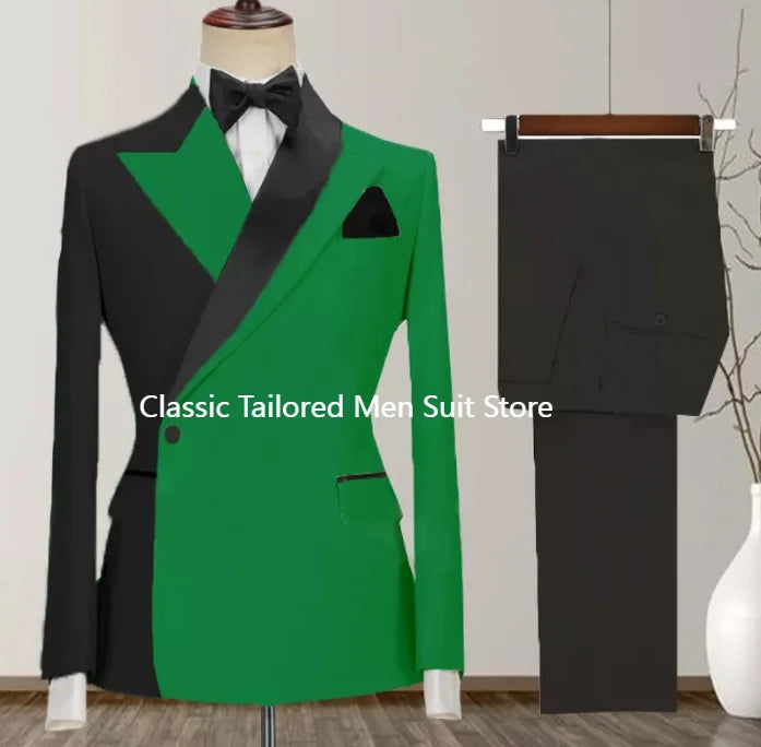 2024 Custom Made Black Groom Tuxedo Peaked Lapel Double Breasted Men Suit Prom Wedding Party Men Suits Costume ( Jacket+Pants)