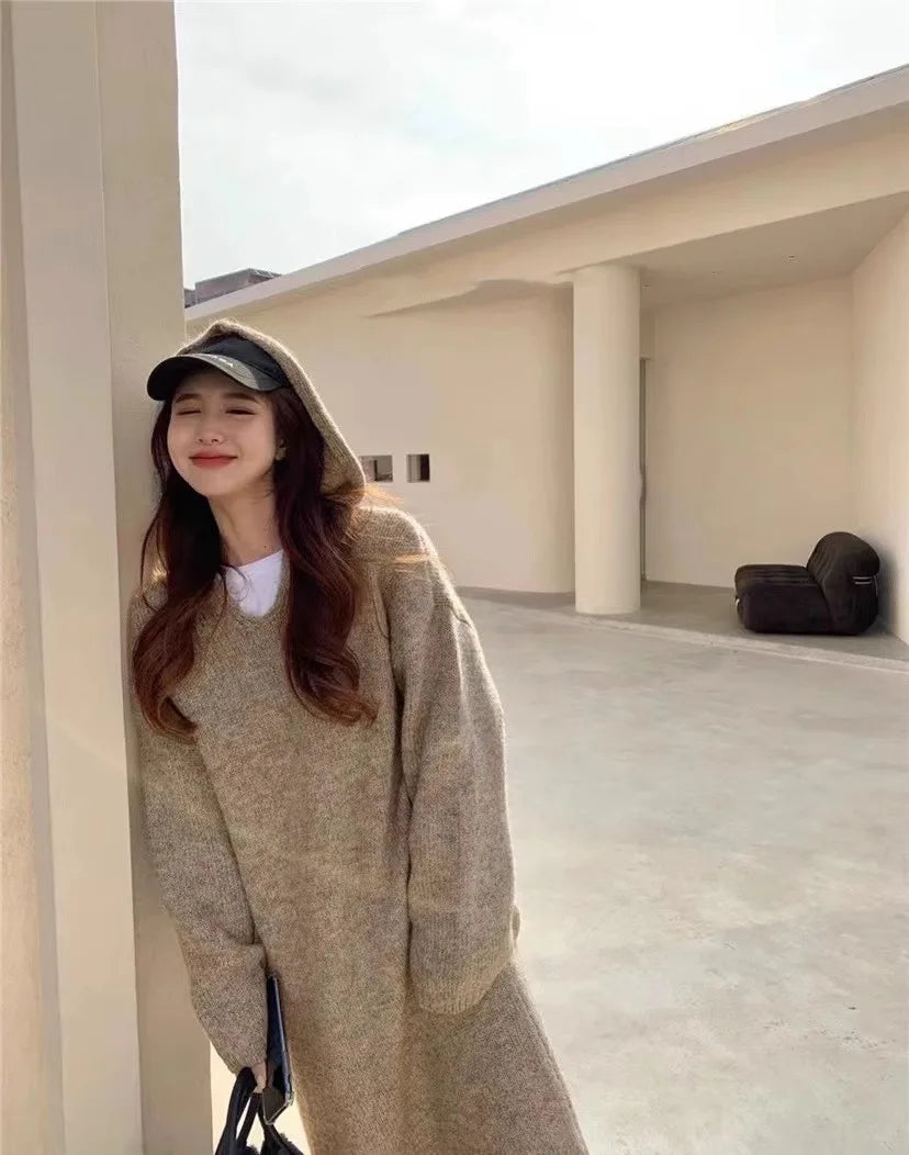 Korean style autumn hooded cashmere sweater long sweater dress loose women's knitted woolen hoodie