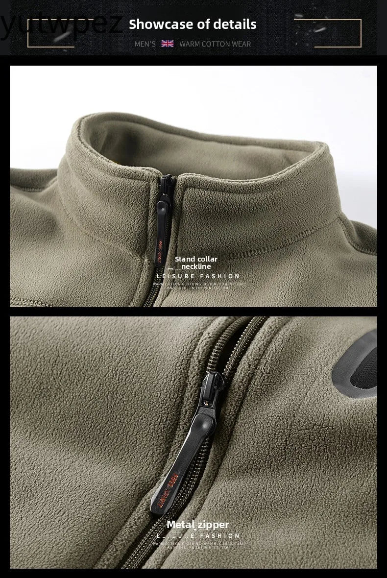Winter Warm Fleece Jacket Men Climbing Double Thickened Pocket Jacket Outdoor High Collar Windproof Ski Sweatshirt Coat Man Snow