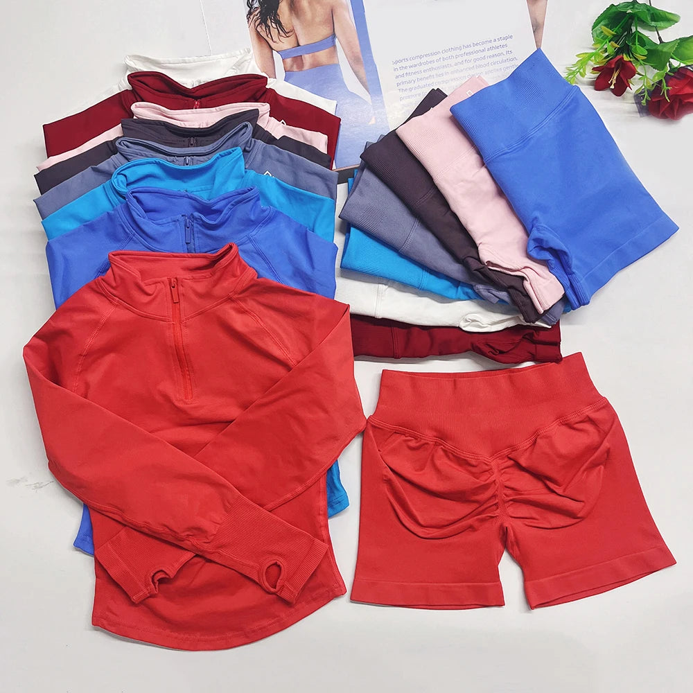 2026 2pcs Long Sleeve Yoga Set Women Half Zippy Jacket Longline Sports Top Gym Shorts Fitness Suits Running Coats Workout Set