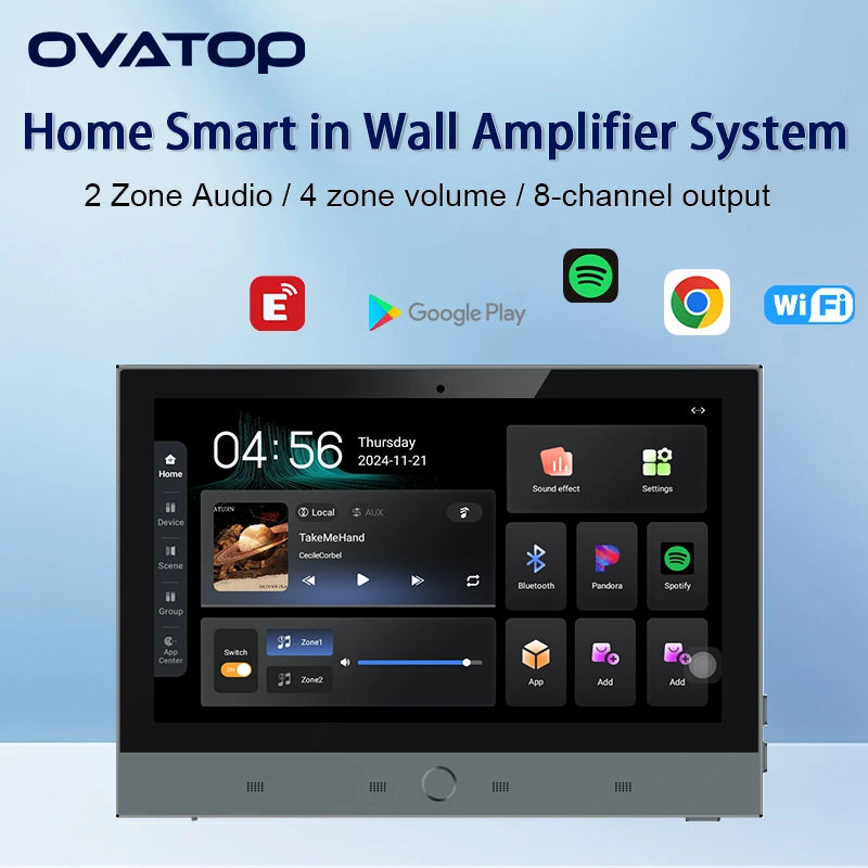 Home 7 inch touch screen Android 11 system 2 zone audio in wall amplifier built-in ZIGBEE gateway TUYA Smart music control panel