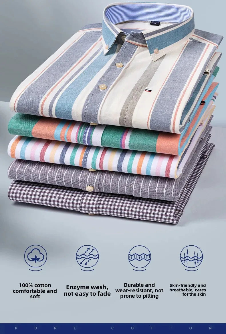 Men's 100% Cotton Smart Casual Shirt Long Sleeve Plaid Oxford Casual Solid Color Print Regular Fit Dress Shirt Oversized  6XL