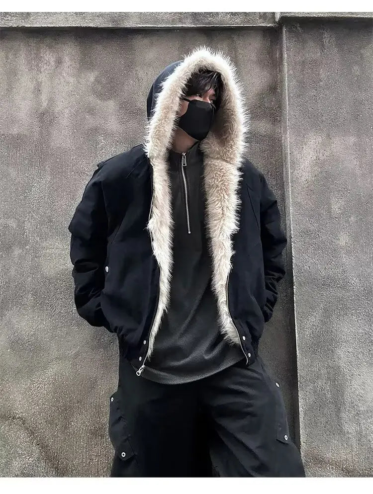 American Retro Lamb Fleece Cotton Jacket Winter Thickened Keep Warm Fur Collar Jacket Zipper Hoodie Loose Coat men clothing