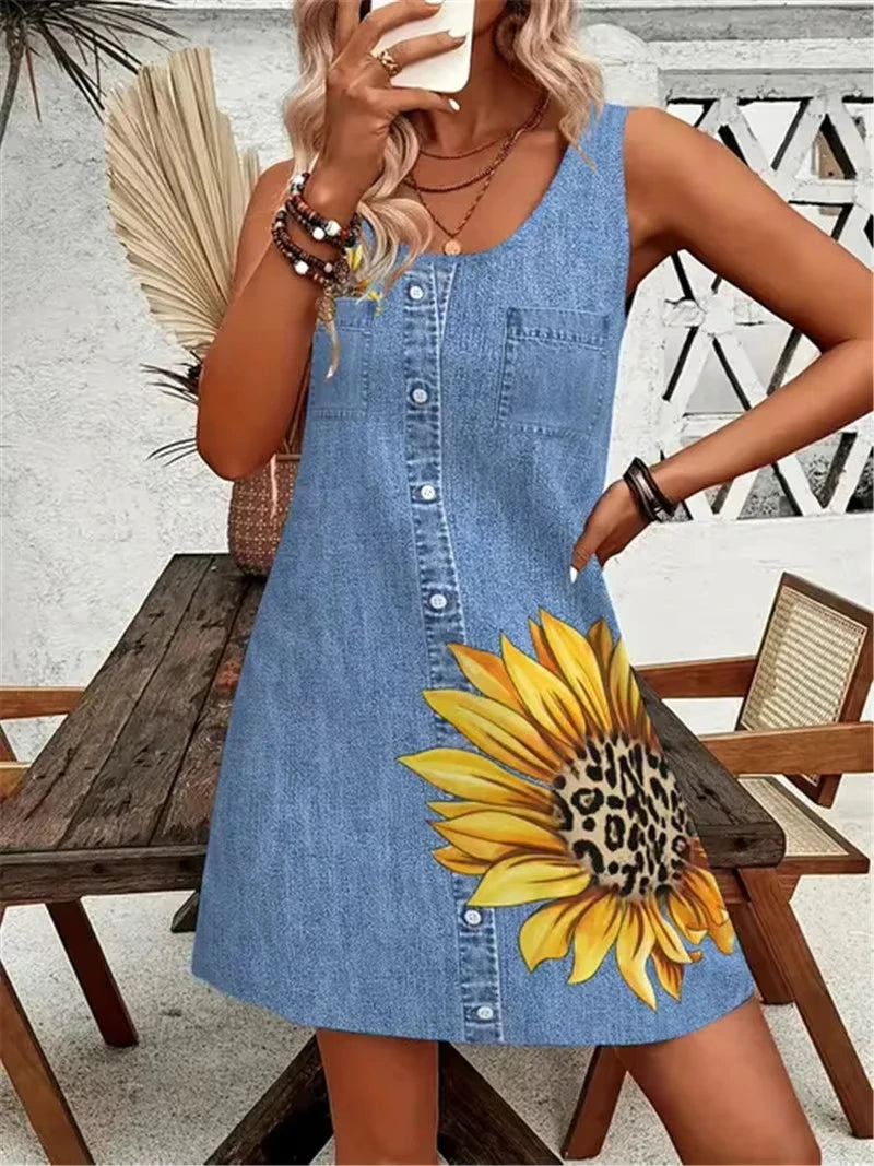 Women's Dress 26 Summer Stylish Vacation Daily Holiday Loose Fit Floral Sleeveless Crew Neck 3D Print Mock Pocket Dress Top