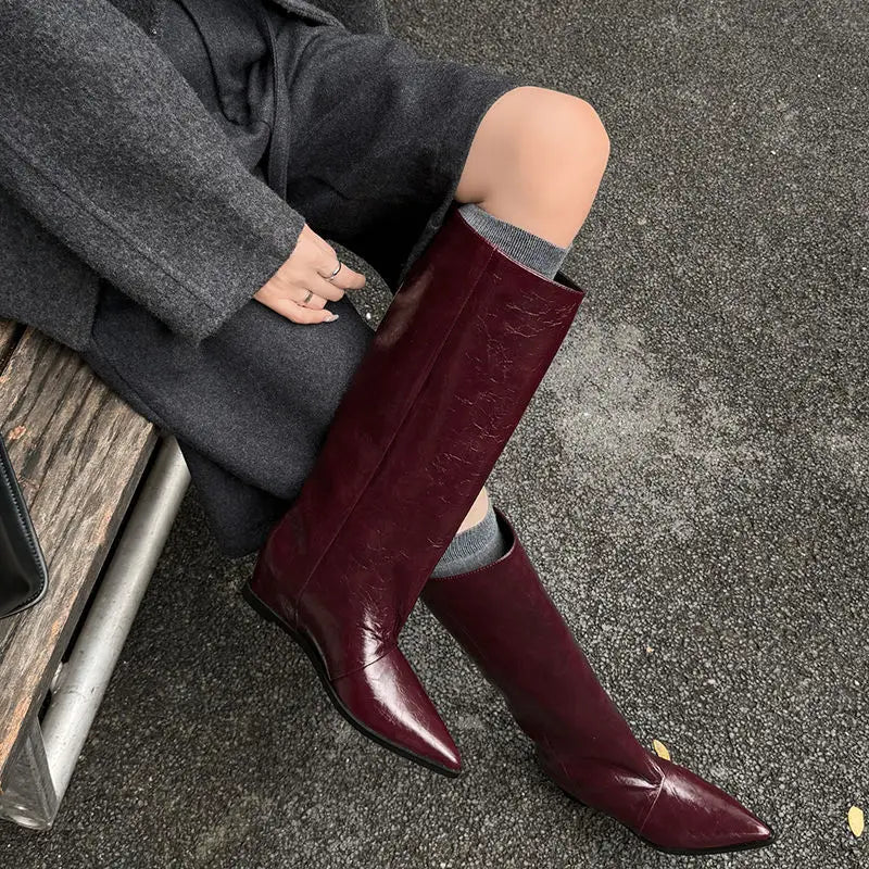 QUTAA 2025 News Women Knee High Boots Leather Wedge Heels Autumn Shoes Pointed Toe Woman Winter Party Lady Long Boots Size 34-40