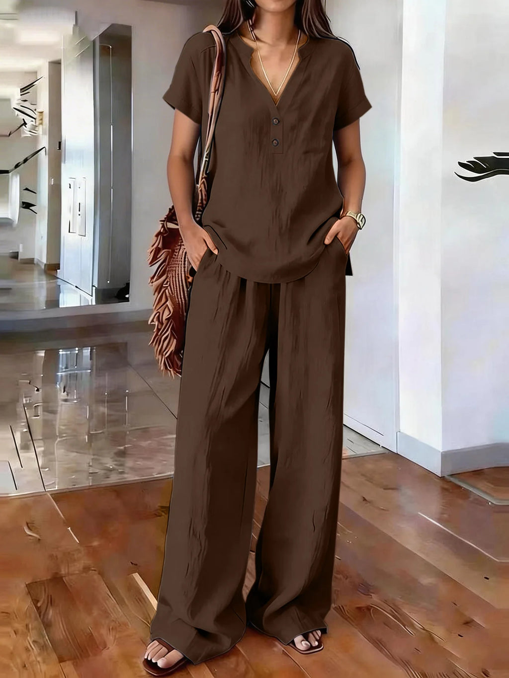 Solid Color Casual Loose Pants Sets For Women 2026 Elegant Summer Women's Two Pieces Suit Full Trouser Set Female Outfit Clothes