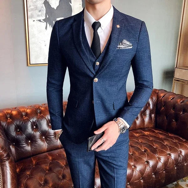 S-7XL ( Blazer + Vest + Pants ) Striped Plaid Solid Color Mens Formal Business Suit 3Pcs Set Groom Wedding Social Show Dress