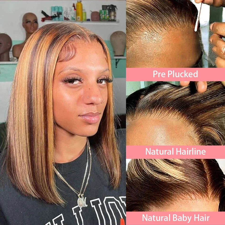 200% Density Short Bob Wigs Highlight Straight Lace Front Wigs Blonde 13x4 Transparent Lace Front Wig 100% Human Hair 427#16Inch