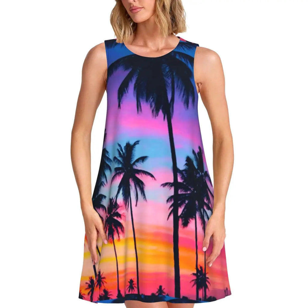 Ocean Sunset Casual Dress Palm Tree Print Sleeveless Elegant Dresses Ladies O Neck Simple Dress Day Print Clothing Birthday Gift