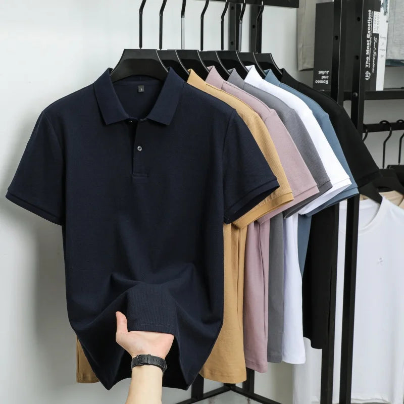 100% Pure Cotton Boutique Short-Sleeved High-End Men's Polo Shirt Summer High-Quality Solid Color Tops Business Casual T-Shirt