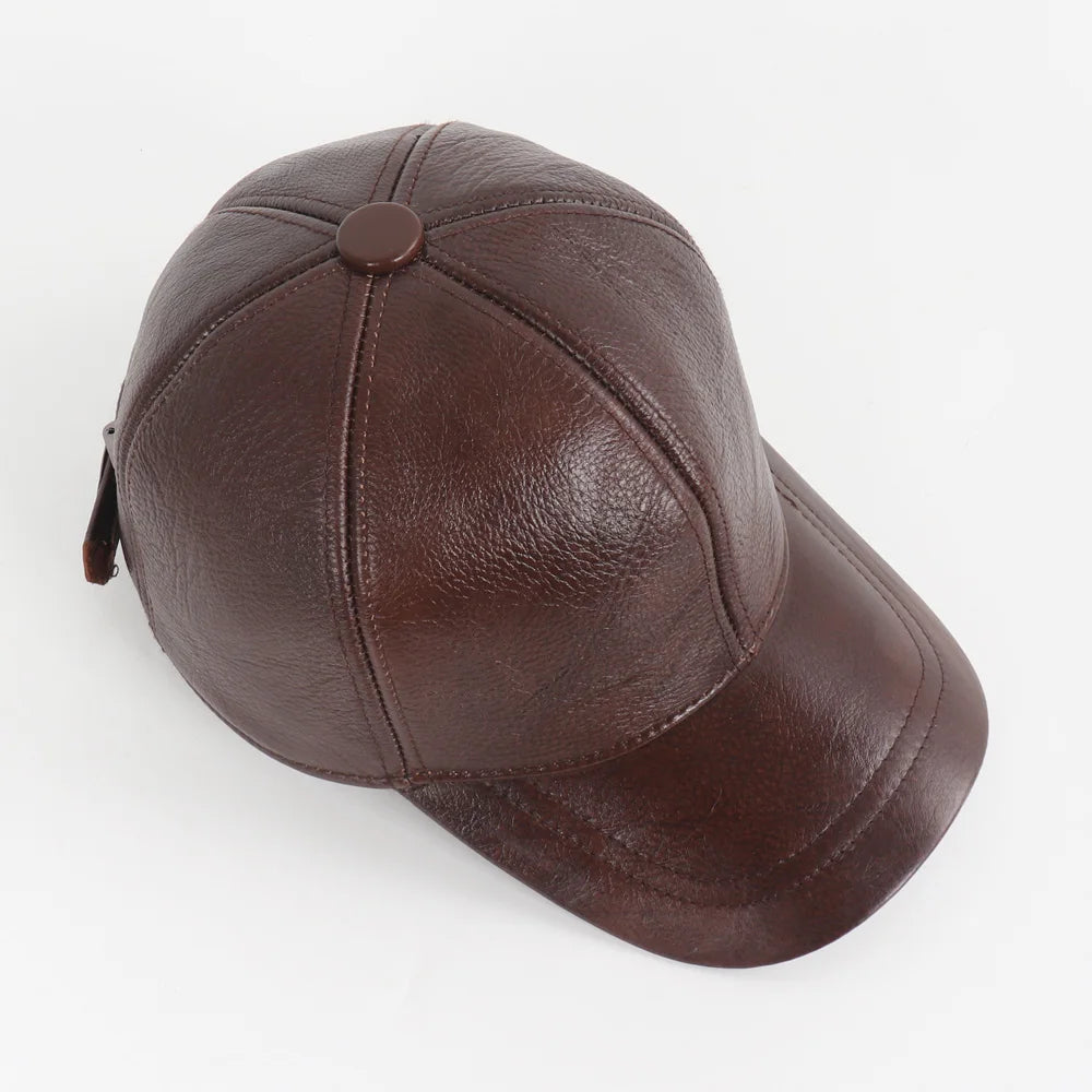 New Men Casual Real Leather Earflap Cap Men Real Cowhide Leather Caps Male Fall Winter Genuine Real Cow Leather Baseball Hats