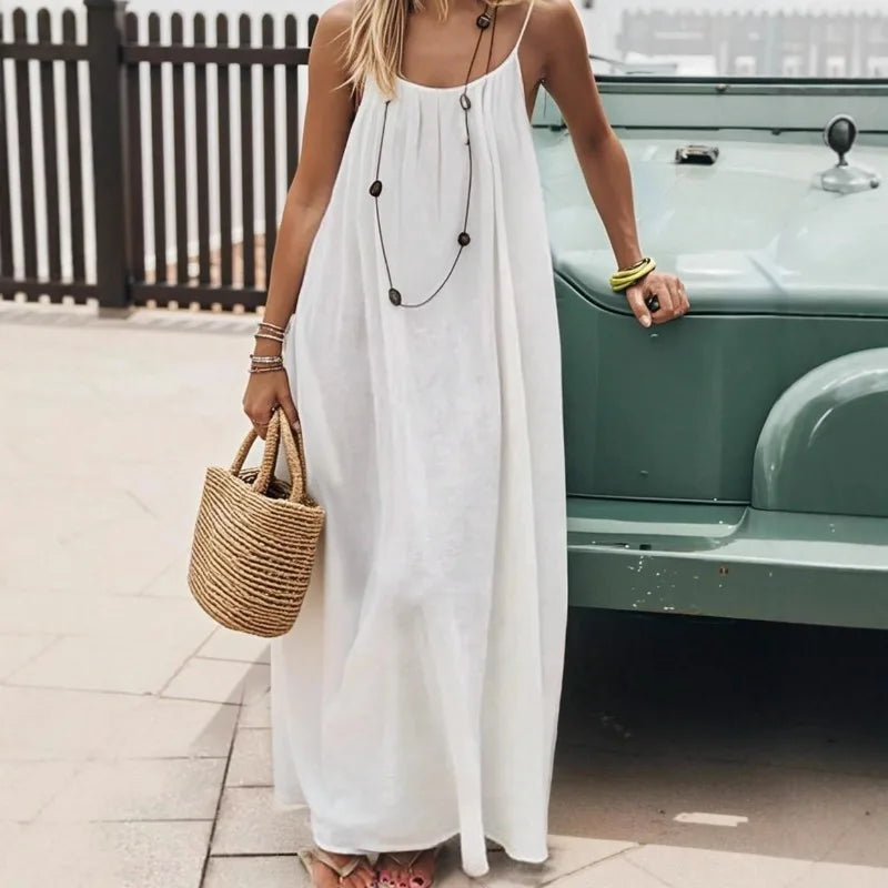 Women Backless Loose Sling Nightgown New Spaghetti Strap Home Wear Casual Lounge Dress