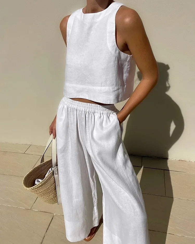 Women's Long Pant Sets Sleeveless Cropped Top Drawstring Elastic Waist Wide Leg Pants 2 Piece Set Casual Commute 2026 Summer New