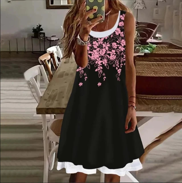 Woman Clothes Dresses Printed Sleeveless Knee-high U-neck Casual Soft and Comfortable Loose Floral Fake Two Pieces Female Dress