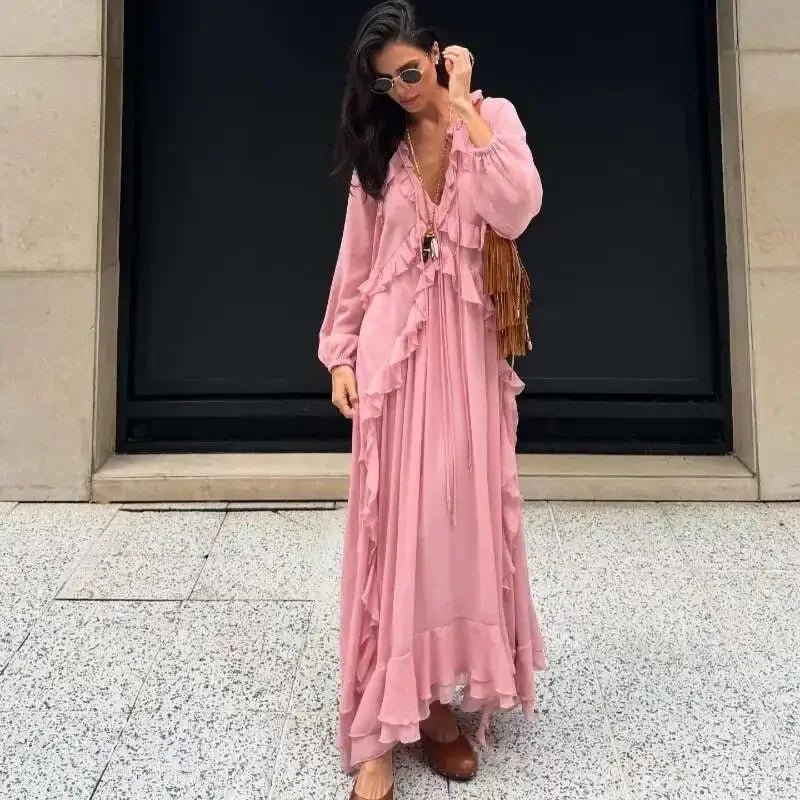 2026 Casual Solid Ruffles Patchwork Robe Women Minimalist Full Sleeve Mesh Loose Fit Lace Up Maxi Dress Vacation Daily Date Wear