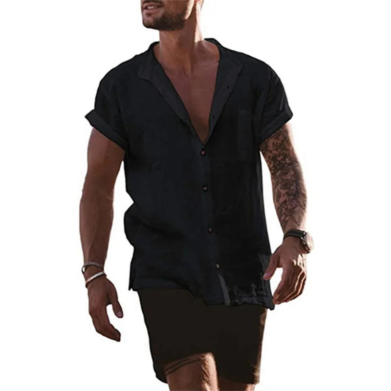 Male Short Sleeve Shirts Cotton Linen Shirts Blouses For Men Loose Business Normal Social Top Formal Dress Shirt Mens Clothing