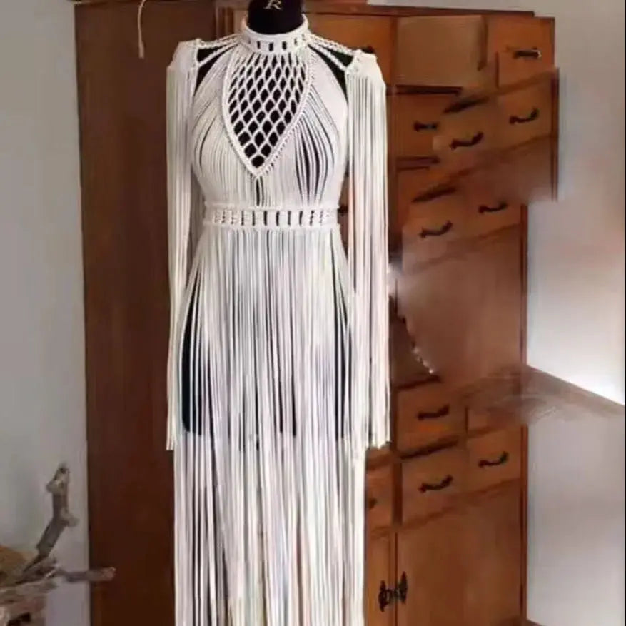 Beachapche Vestidos  MacrameDress Women'S Hollow Tassel Woven Dress Celebrity Club Party Cocktail beach Dress