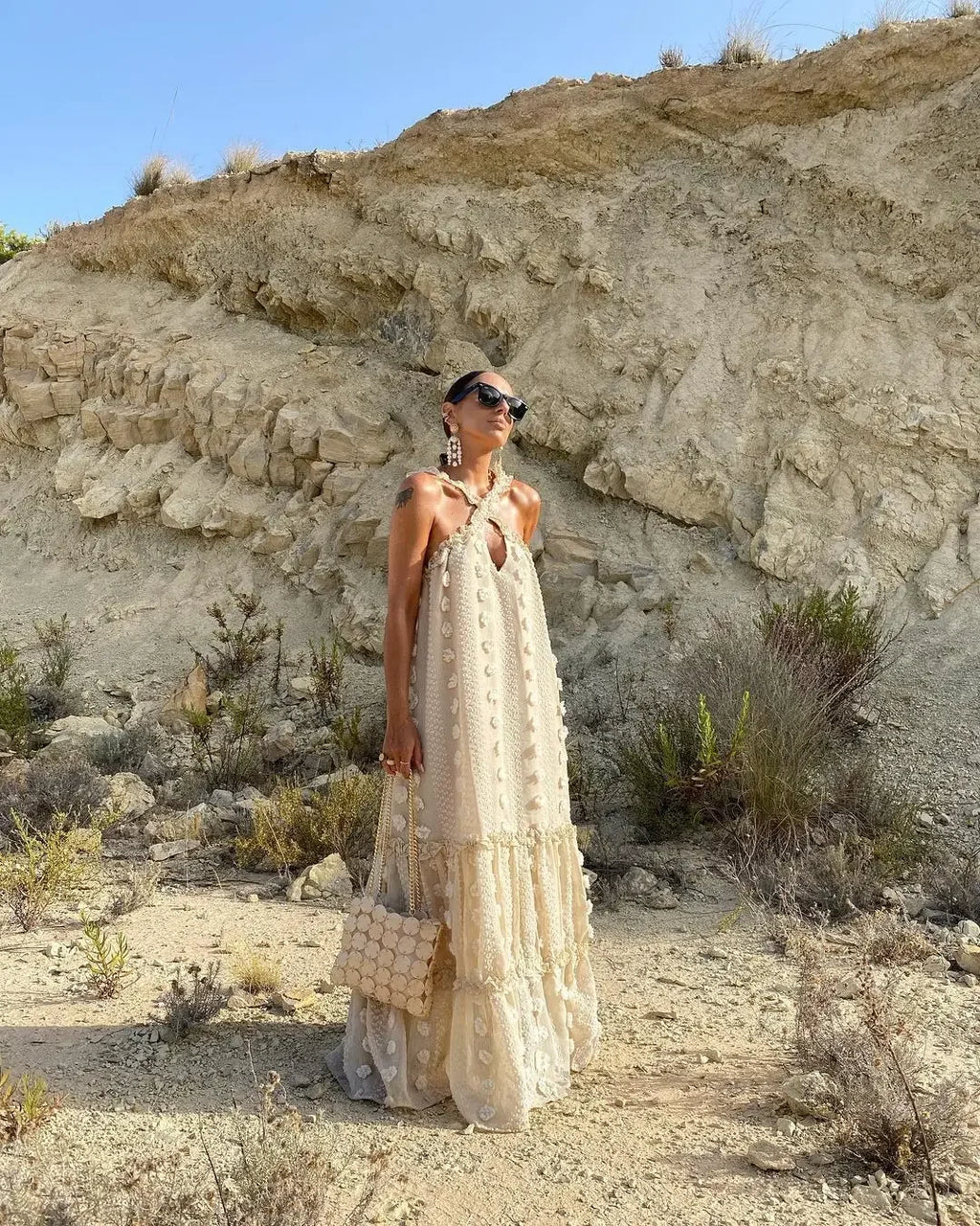 Sleeveless Halter Maxi Summer Dress for Women Fashion Ruffle Beach Long Robe 2025 Elegant Slip Holiday Hollow Out Sundress