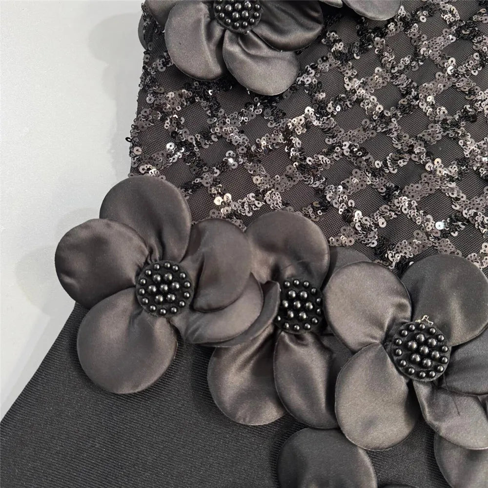 Women Fashion Flower Beading Sequins Patchwork Bandage Dress Celebrity Party Sleeveless Elegant Dresses