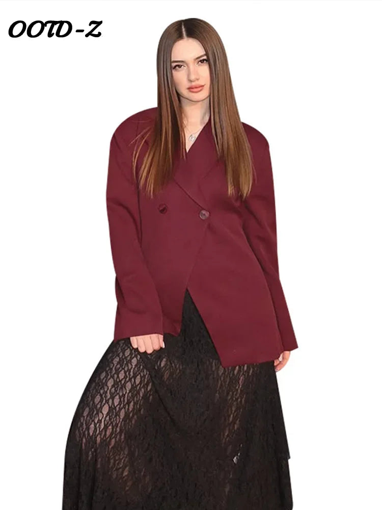 Fashion Wine Red Women Blazer Set Casual Long Sleeve Single Breasted Lapel Female Suit 2025 Spring Streetwear Lady Suits