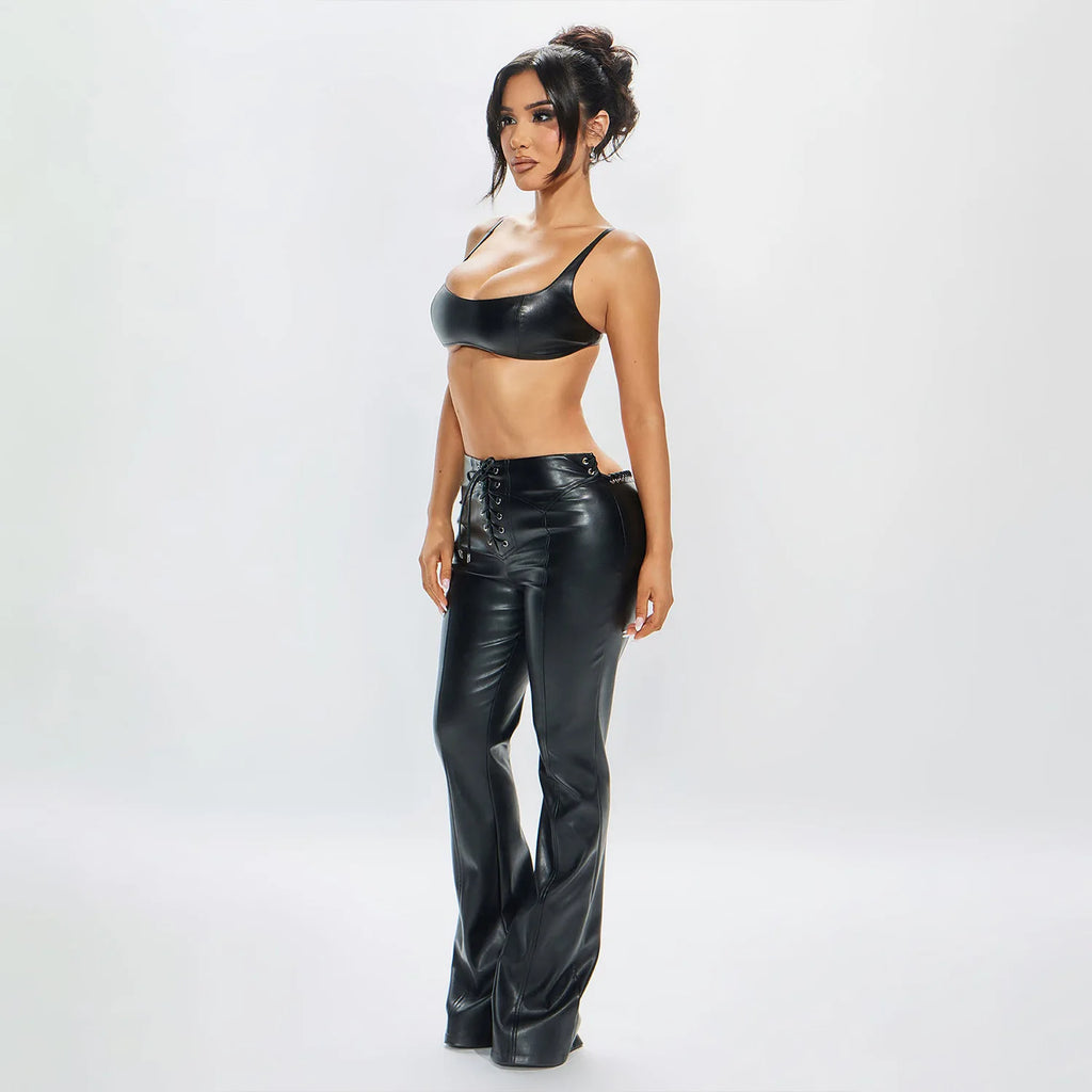 Sexy Bikini Tops Leather 2 Piece Pant Set Outfits 2026 Women Summer Clothing Elegant Luxury Crop PU Top Two Piece Sets