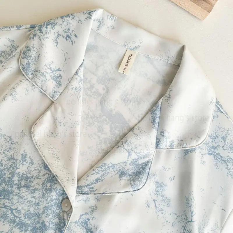 Women's Pajamas Sets Spring Autumn 2 Piece Print Leaves Pyjama Faux Silk Satin Sleepwear Long Sleeve Pijama Mujer Pjs Homewear
