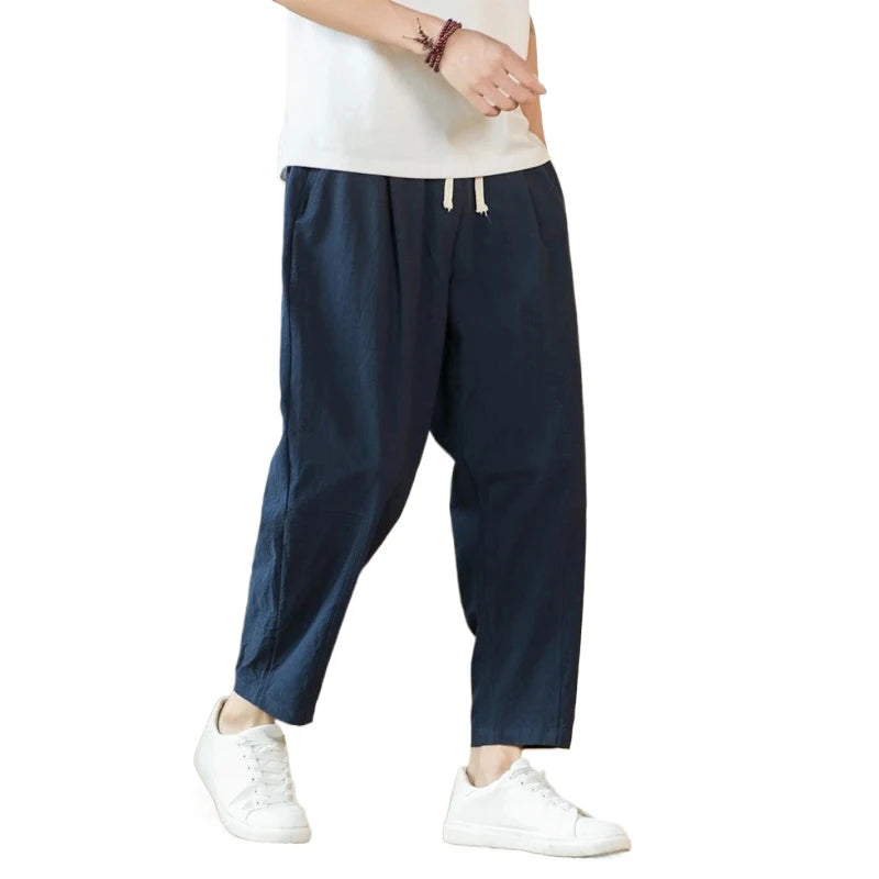 New Cotton Linen Mens Pants Casual Solid Color Breathable Streetwear Loose Straight Drawstring Baggy Lightweight Sport Pants