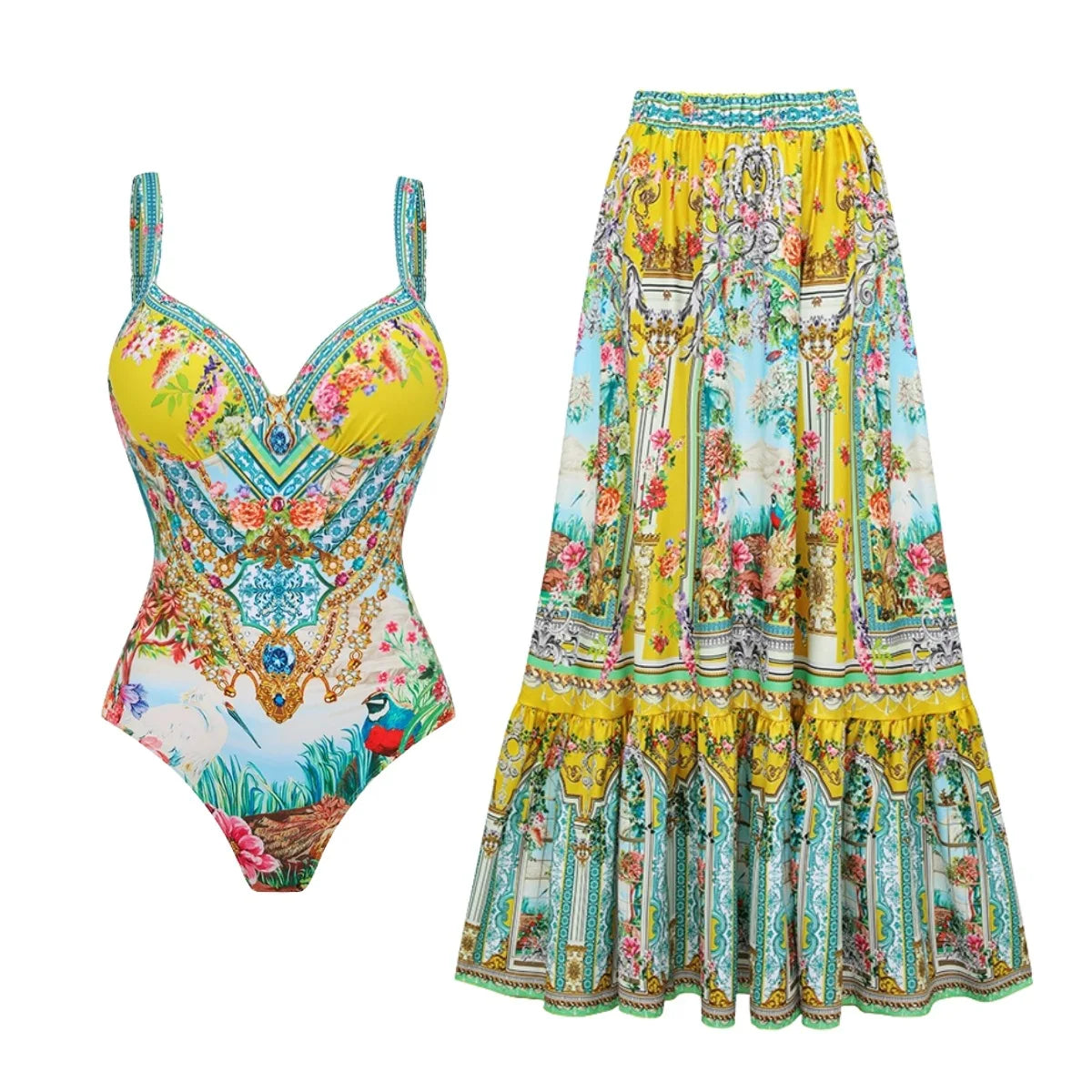 Retro Bikini Printed Fashion Two Piece Swimsuit And Cover Up With Skirt Tight Women's Bandage Summer Beach Luxury Elegant