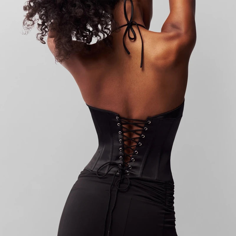 Women Y2k Lace Up Backless Halter V Neck Corset Tops Tied Front Button-up Sleeveless Cami Shirt Shapewear Fitted Vest