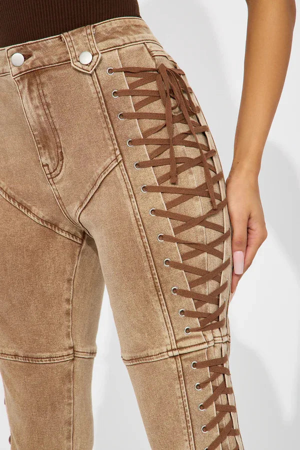 Europe America New Fashionable Women's Straight-leg High-waisted Jeans, Featuring Lace-up Straps and Drawstrings for Hot Girls