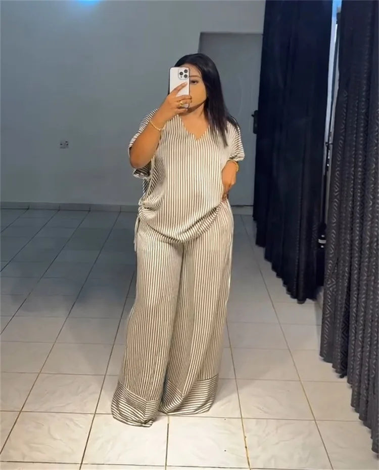 Pant Set Women Two Piece Sets V Neck Short Sleeve Drawstring Shirt Striped Wide Leg Long Pants Elastic Waist Y2k Streetwear 2026