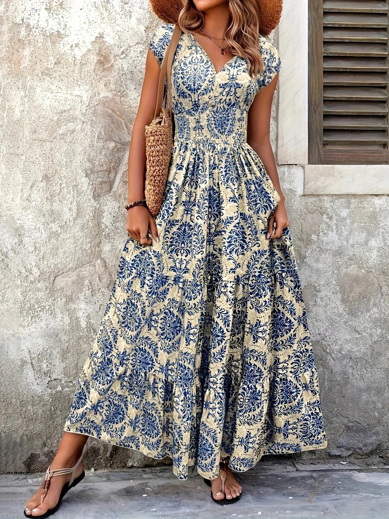 Women's Summer Retro Fashion Floral Printed Sexy V-neck Short Sleeve High Waist Medium Length Bohemian Loose Holidays Dresses