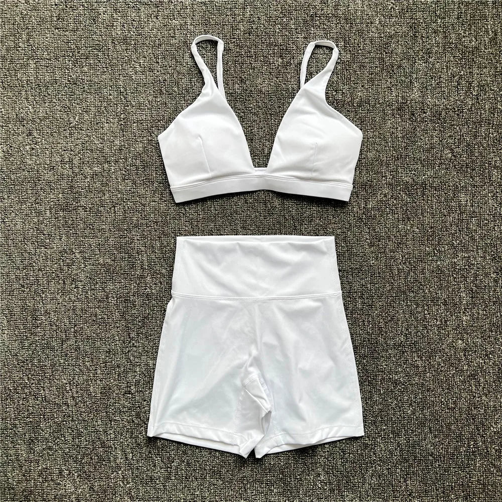 2PCS Nude Deep VNeck Sport Bra Women Yoga Sets Workout Gym Scrunch High Waist Fitness Push Up Shorts Running Avtive Suit XP187