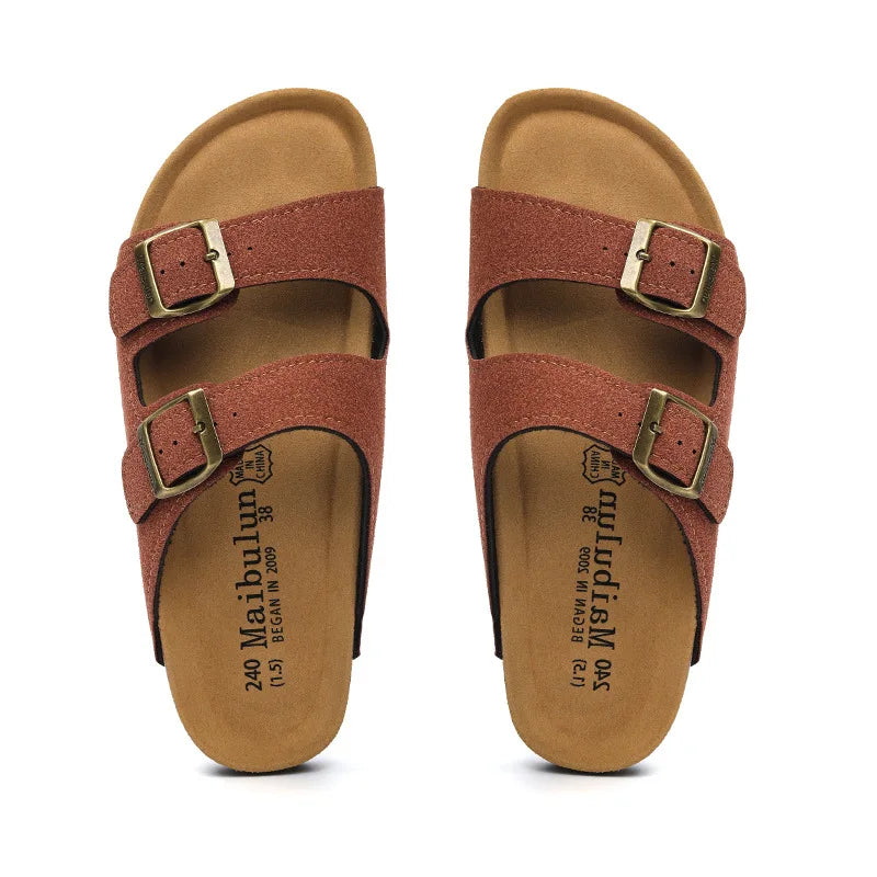 Nubuck Women Cork Slippers Summer Mule Clogs Flats Sandals Slides Casual Beach Couple Double Buckle Soft Shoes Footwear Big Size
