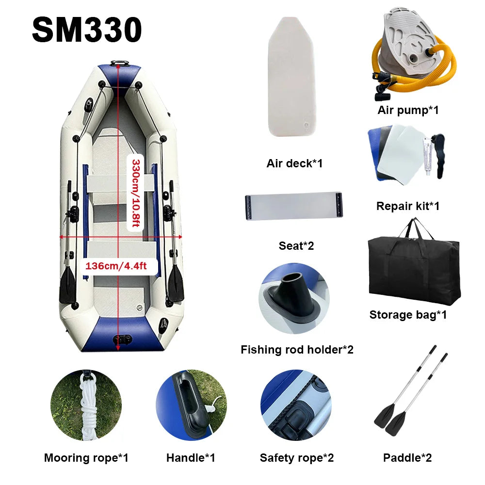 Inflatable PVC Boat Rowing Kayak, 3.3m, 5 Person, Fishing Canoe Dinghy with Accessories for Outdoor Water Sports