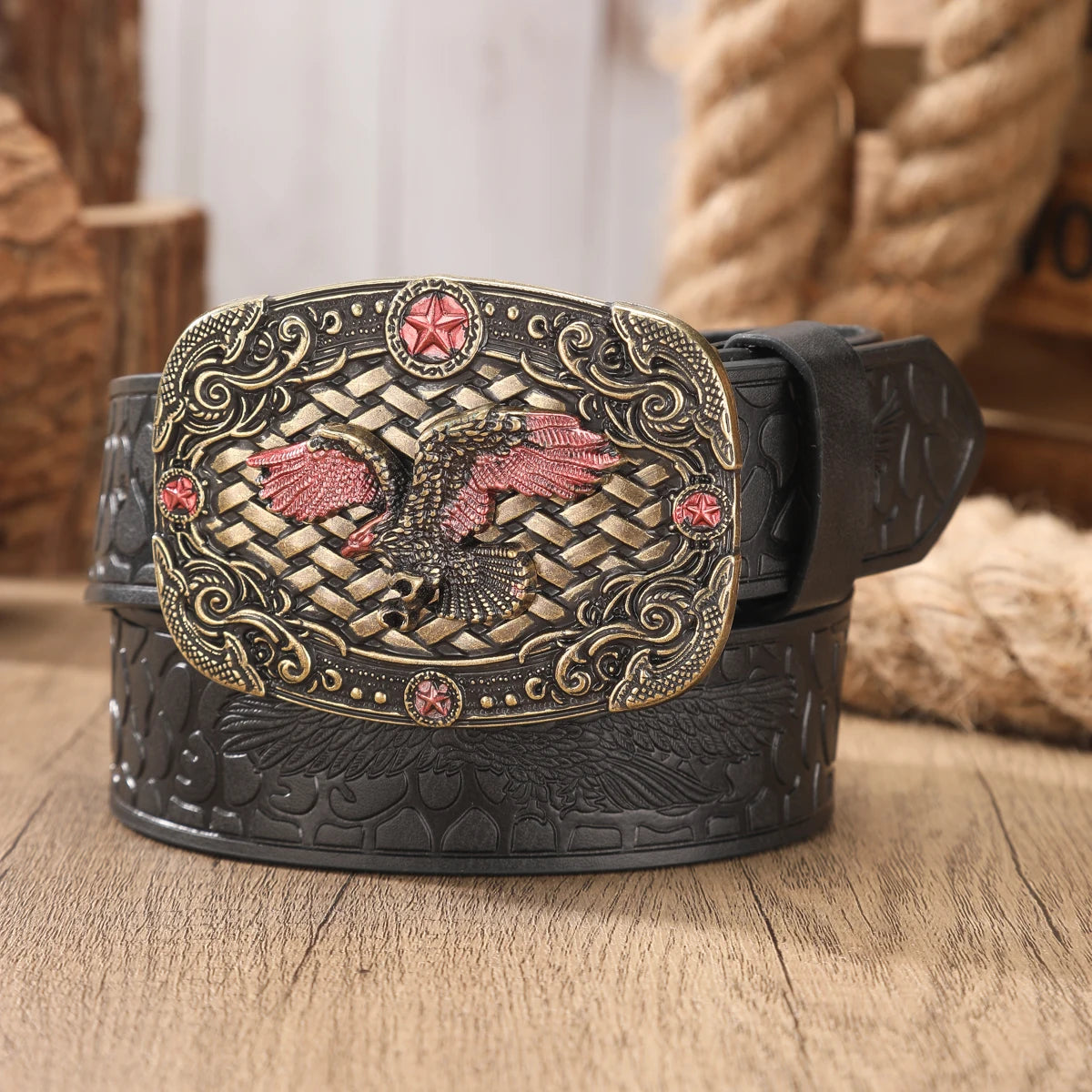 A Western-style denim belt in retro style - made of PU material - suitable for both men and women - pairs well with jeans