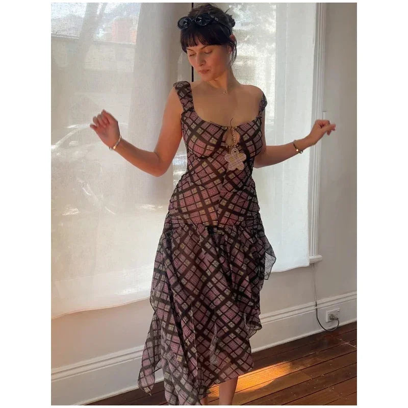 Plaid Off Shoulder Long Dress Women Chic Tie Front Cutout Ruched Asymmetric Hem Sundress 2026 Summer Lady Casual Daily Vestidos