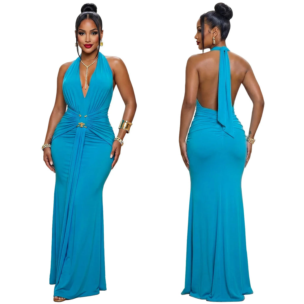 EINY Sexy Women White Halter Maxi Dress Elegant Backless Ruched Bodycon Long Gown Party Club Night Birthday Mermaid Dresses Y2K
