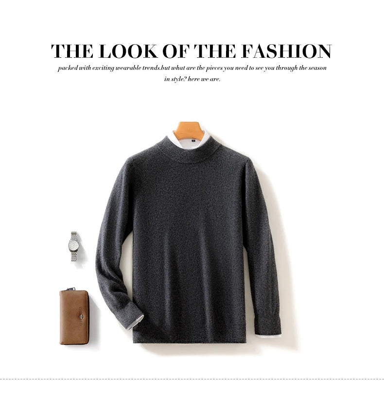 Autumn and Winter Half-high Neck 100% Pure Wool Men's Long Sleeve Leisure Sweater Knitwear