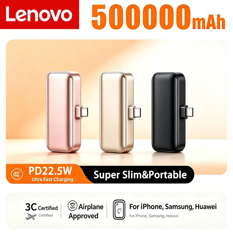 Lenovo 22.5W Fast Charging 500000mAh Mini Portable USB C Power Bank Travel Battery Pack Charger for iPhone 15 16 Android Devices