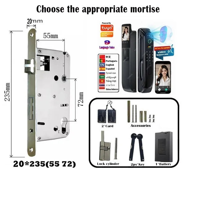 5050 5072 5572 4585 6085 Mortise Tuya WiFi Video Intercom 3D Face Recognition Smart Lock Biometric Camera Auto Keyless Lock