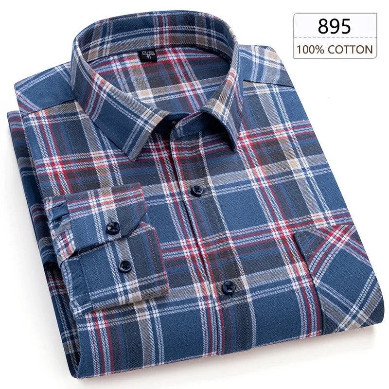 Men's Winter Chic Long Sleeve Shirt Cotton Flannel Plaid Button-Up Comfortable Warm Top for Business Casual Dress Shirts New