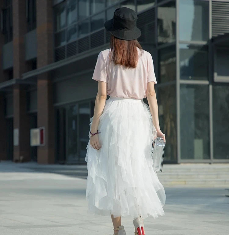 Tutu Tulle Long Maxi Skirt Women Fashion Korean Cute Pink High Waist Pleated Skirt Mesh Female Lady Aesthetic Faldas