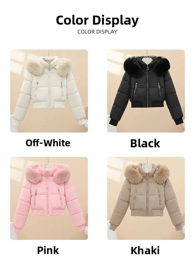 Korean Style Short down Cotton Jacket Women's Thickened Large Fur Collar Hooded Coat Slim Fit Commute Element  Color