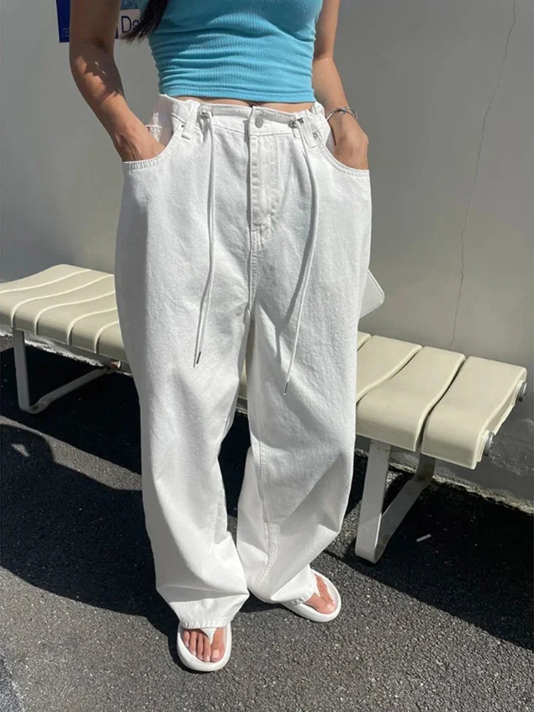 Retro High-waisted Women's Straight Jeans Summer New Fashion Loose Drawstring Design