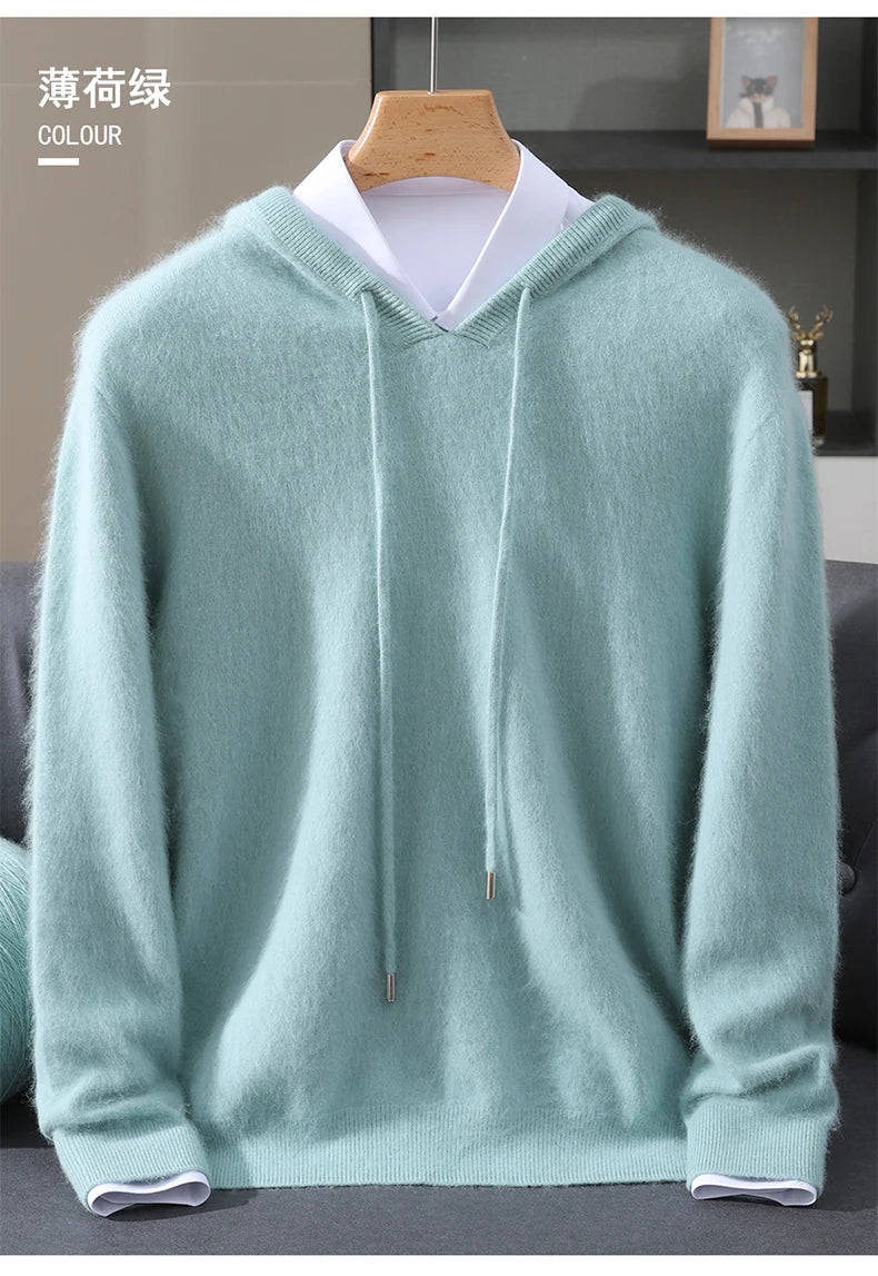 2025 Autumn Winter Hooded Collar Mink Cashmere Knitted Sweater Men's Drawstring Pullover High-End Thick Casual Sweater Loose Fit