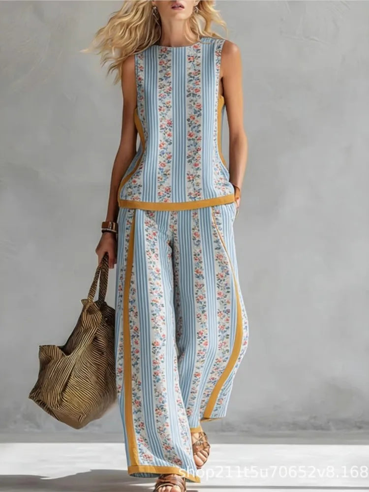Fashion Retro Printed Sleeveless Tops Trousers 2-piece Set Women's Summer Casual Vest Loose Wide Leg Trousers Female Suit Pocket
